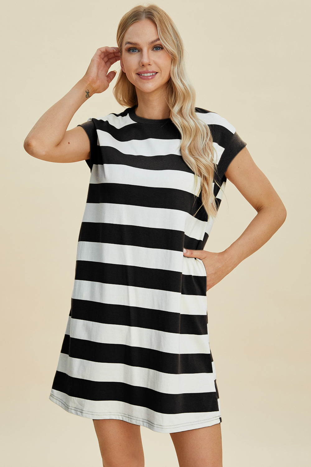 Full Size Striped Round Neck Cap Sleeve Mini Dress For Women – Striped Mini Dress, Full-Size Round Neck Dress, Comfortable Cap Sleeve Dress, Chic Striped Dress, Flattering Mini Dress, Casual Everyday Dress, Versatile Striped Dress