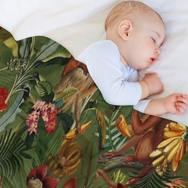 Tropical Monkey Jungle Pattern - Dark Green Botanical Night Garden Nightgarden Plush Throw Blanket