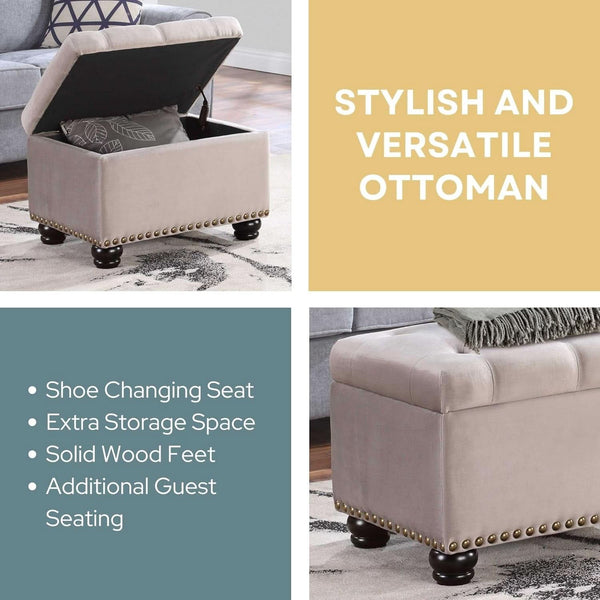 24 Inch Velvet Textured Light Taupe Storage Ottoman