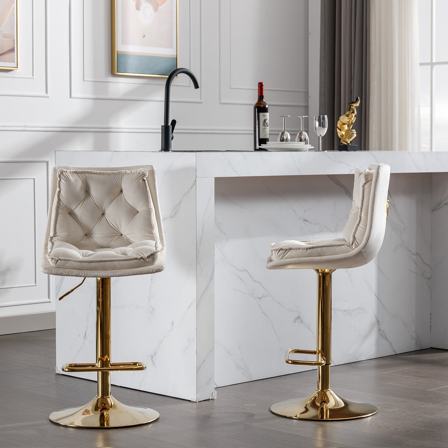 Set of 2 Bar Stools — Chrome Footrest, Swivel Height-Adjustable Velvet Seat, Golden Legs