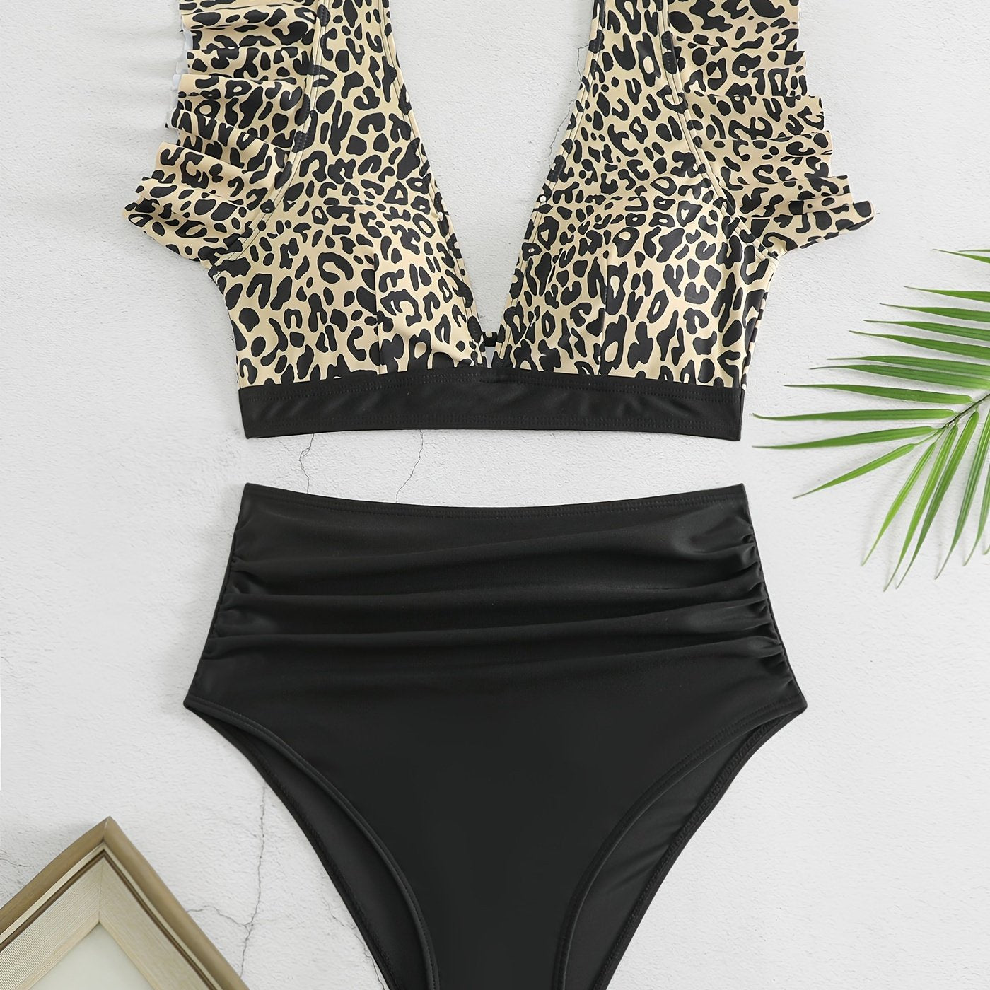 Bikini Black Solid Color Ruffle V Neck 2 Piece Swimsuit for Women – High Waisted Flattering Bikini Set with Lettuce Trim Bottoms – Sleek Stretchy Fabric Swimwear for Beach Days Poolside Style and Summer Vacation Looks