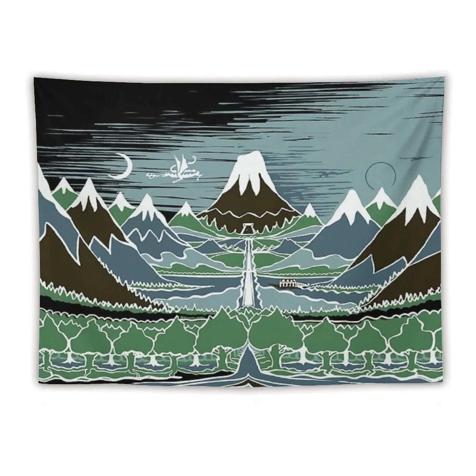 A Halflings Journey on A Mountain Path Through An Elven Wood in The Style of J.R.R.Tolkien Tapestry