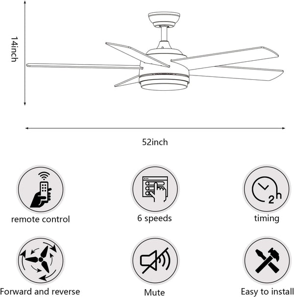 52 Inch Black Ceiling Fan With Dimmable 3 Color LED Lights And Remote