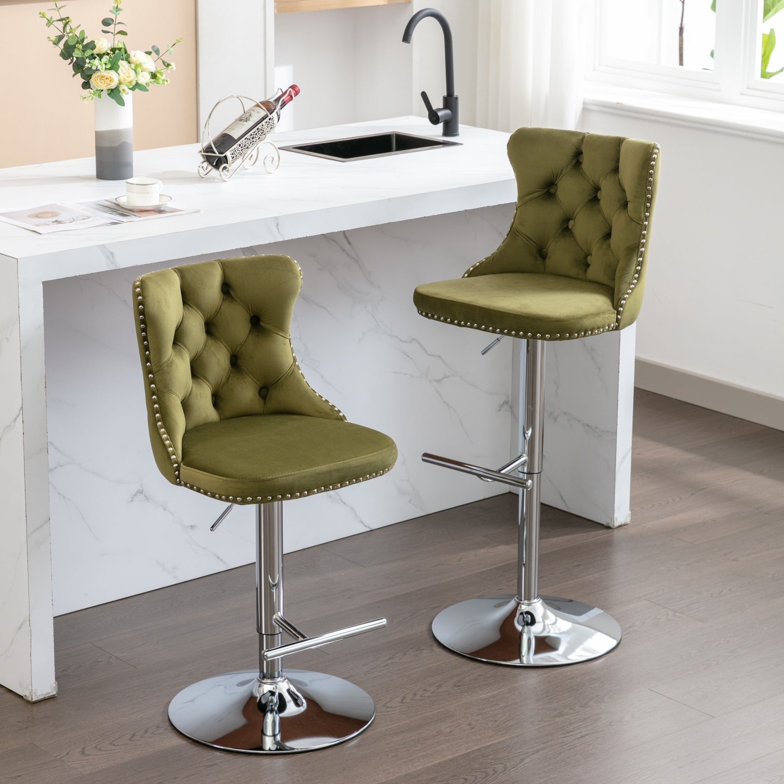Modern Velvet Swivel Barstools with Adjustable Seat Height and Chrome Base