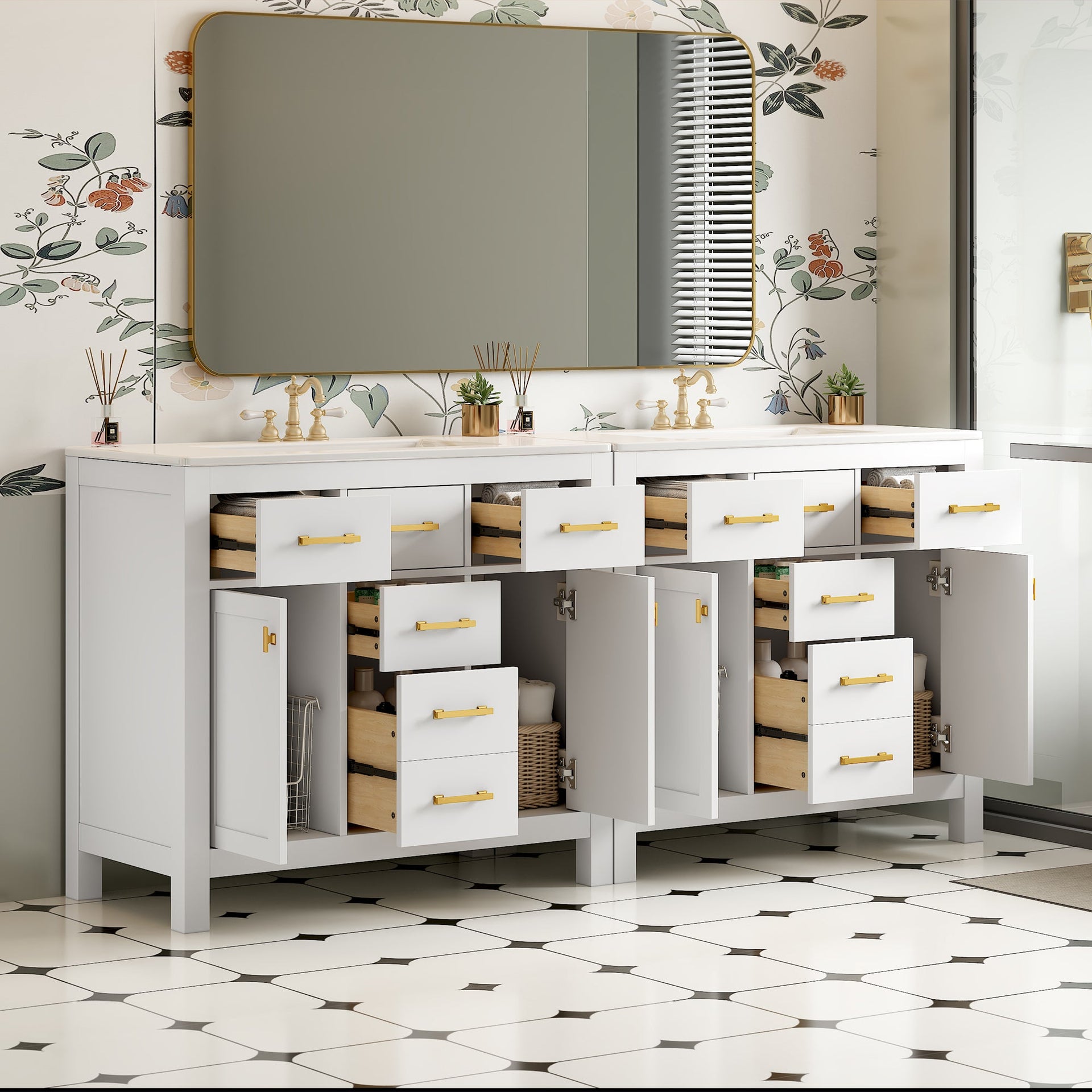 Modern Freestanding Bathroom Vanity Set with Drawers & Storage Cabinet, Solid Wood Frame
