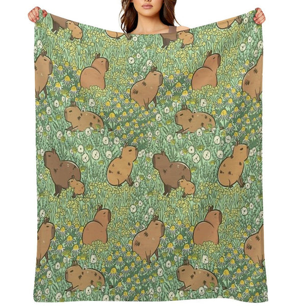 Capybaras Meadow in Green And Yellow Eco-conscious Throw Blanket