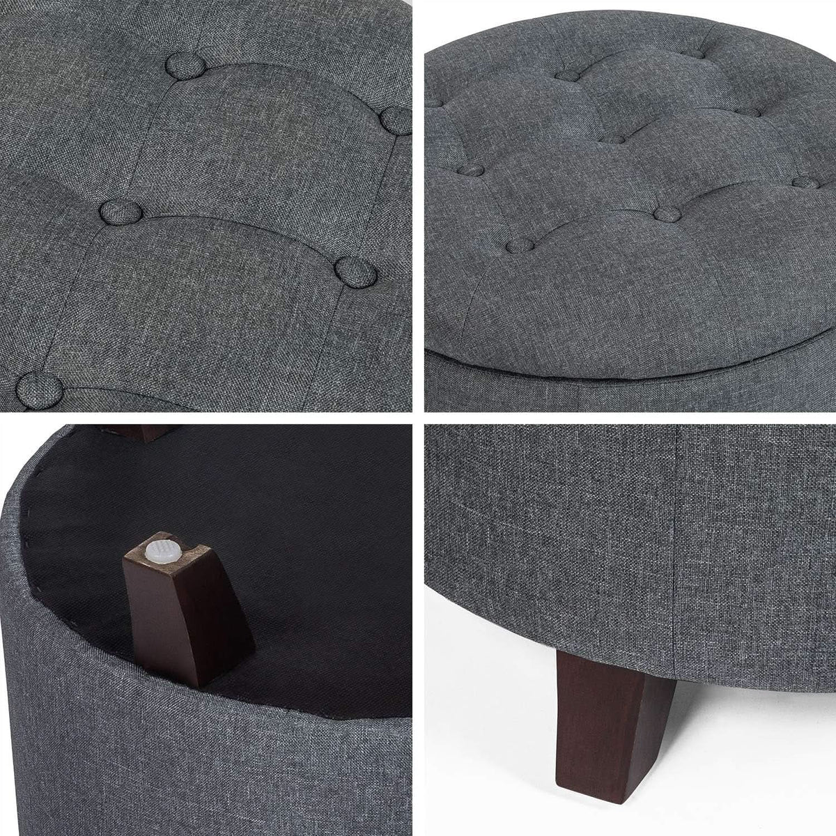 Gray Fabric Round Storage Ottoman With Button Tufting