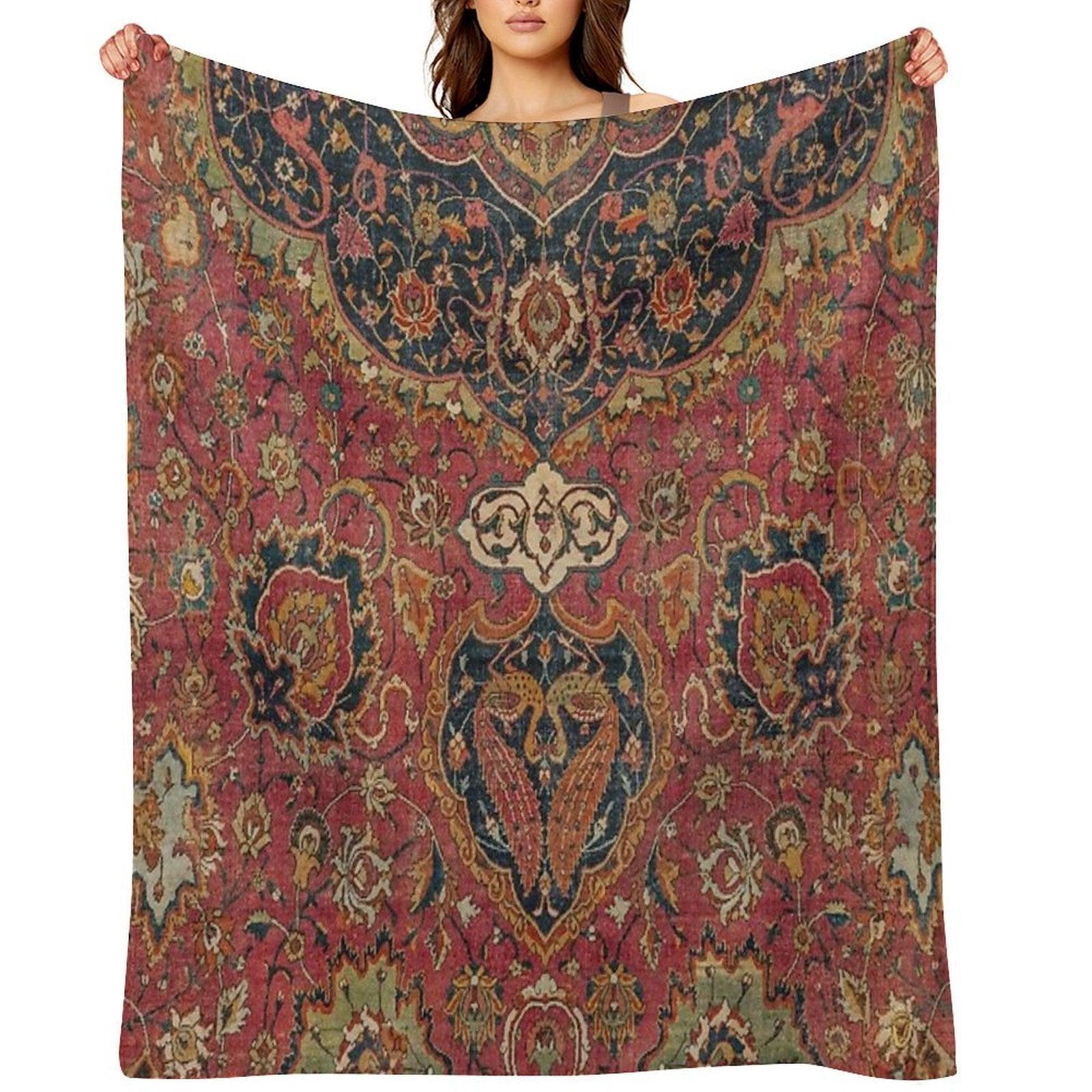 Persian Medallion Rug VIII  16th Century Distressed Red Green Blue Flowery Colorful Ornate Pattern Throw Blanket