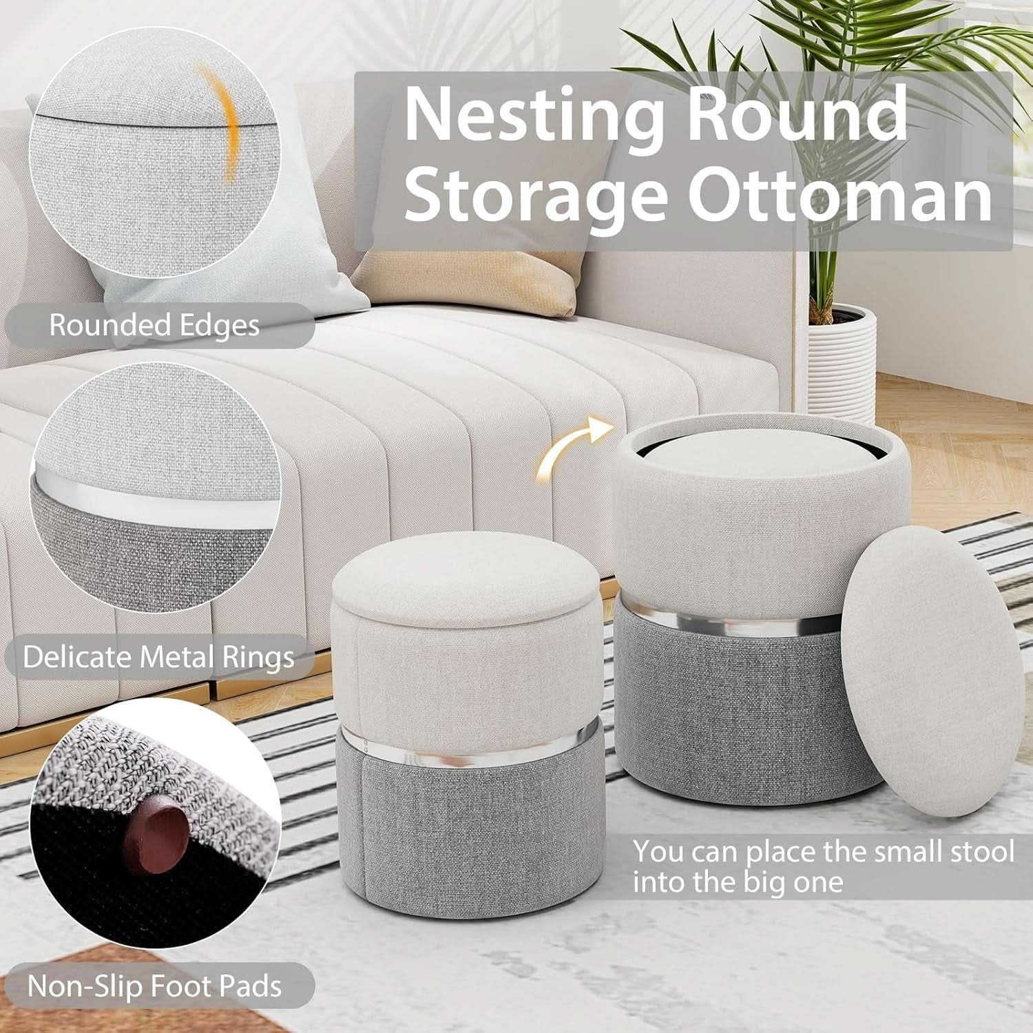 Gray Nesting Storage Ottomans With Hidden Capacity
