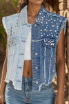 Pearl Raw Hem Sleeveless Denim Jacket for Women Stylish - Medium / S