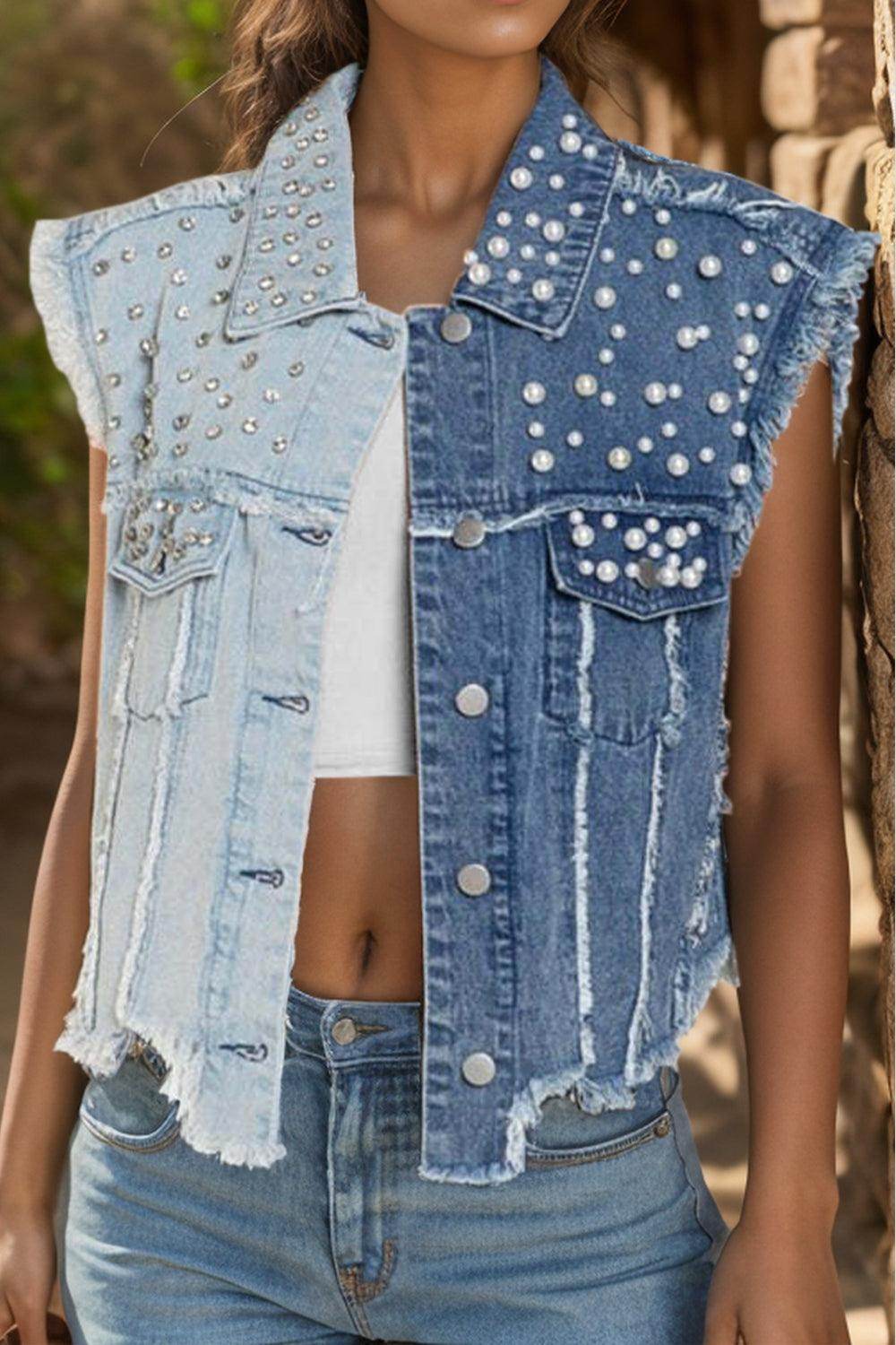Pearl Raw Hem Sleeveless Denim Jacket for Women Stylish