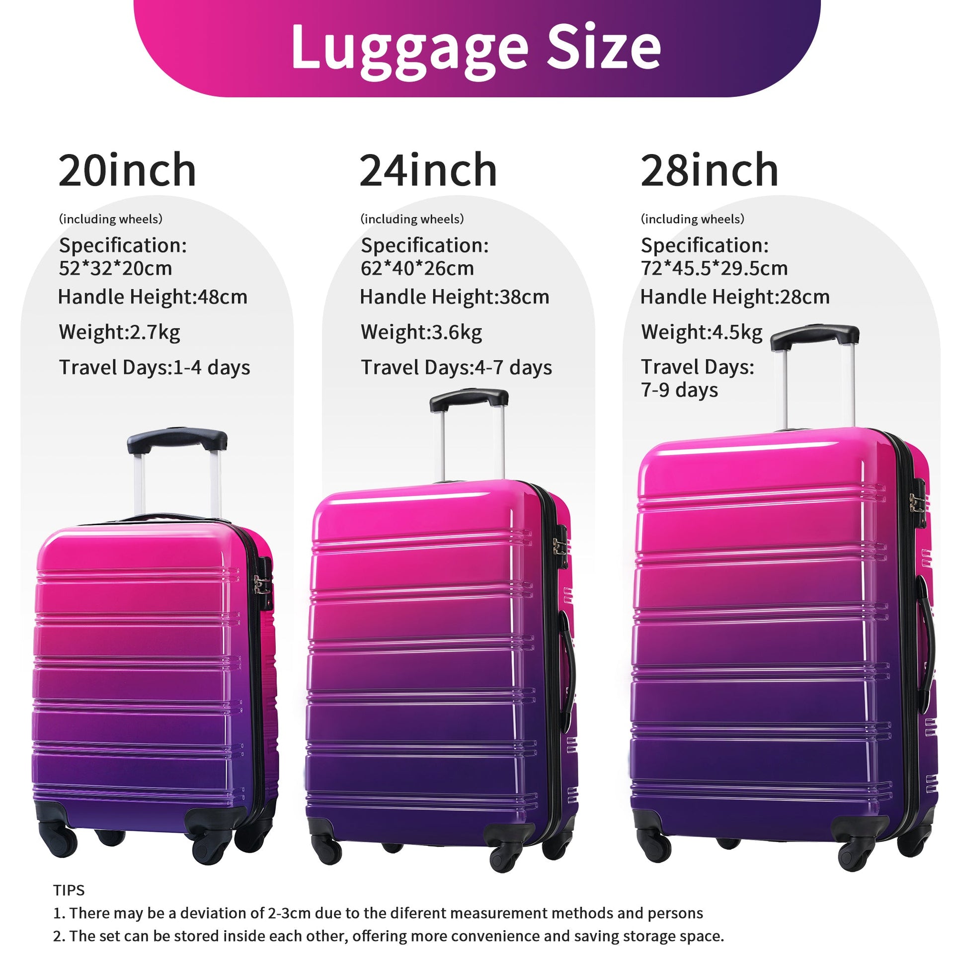Hardshell Luggage Sets 3 Piece Gradient Color Expandable Suitcase with Spinner Wheels and TSA Lock Lightweight 20' 24' 28' Available,Purple and Pink