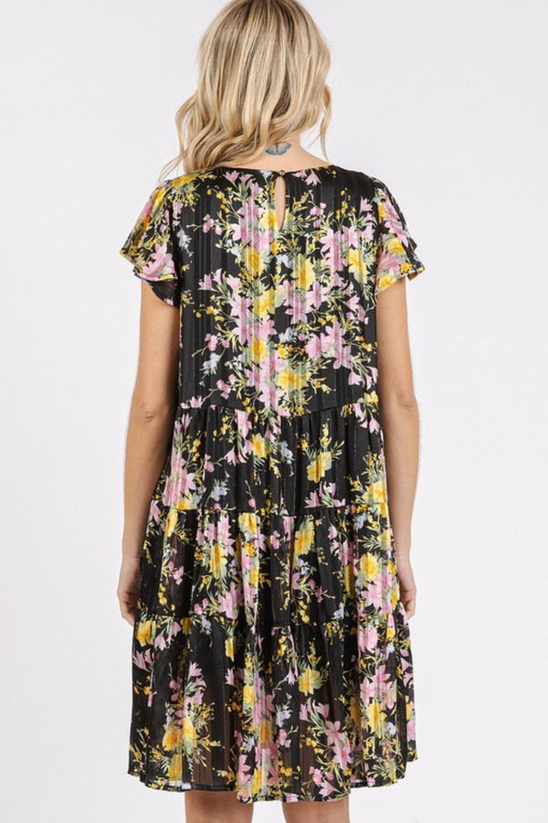 New Summer Flower Print Round Neck Flutter Sleeve Tiered Dress For Women – Feminine, Trendy, Romantic & Flattering Design
