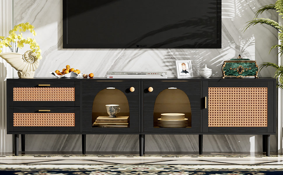 Rattan TV Stand with 3 Cabinets & 2 Drawers, Rattan-inspired Media Console Table for TVs up to 80'', LED Light Entertainment Center, TV cabinet for Living room, Bedroom, Home Theatre