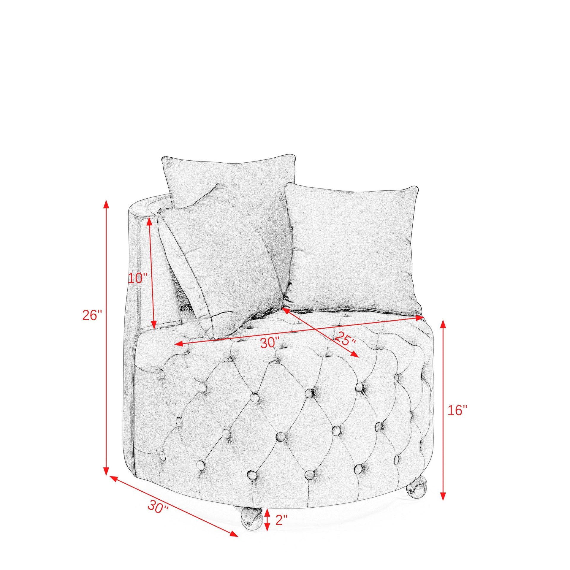 Velvet Upholstered Swivel Chair for Living Room, with Button Tufted Design and Movable Wheels, Including 3 Pillows, Grey
