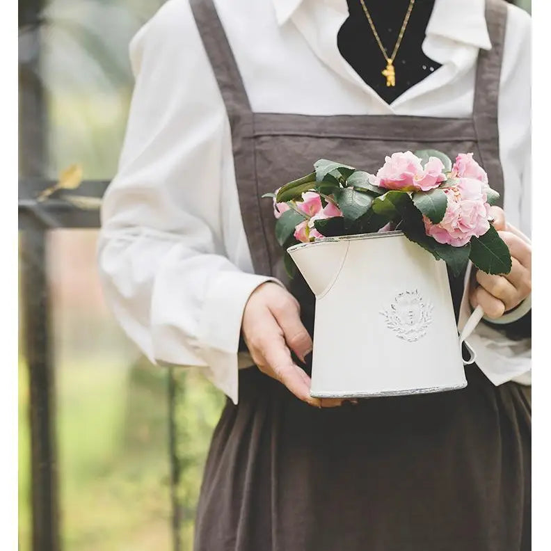 Vintage Style Rustic White Metal Flower Pitcher Vase VagabondVintage