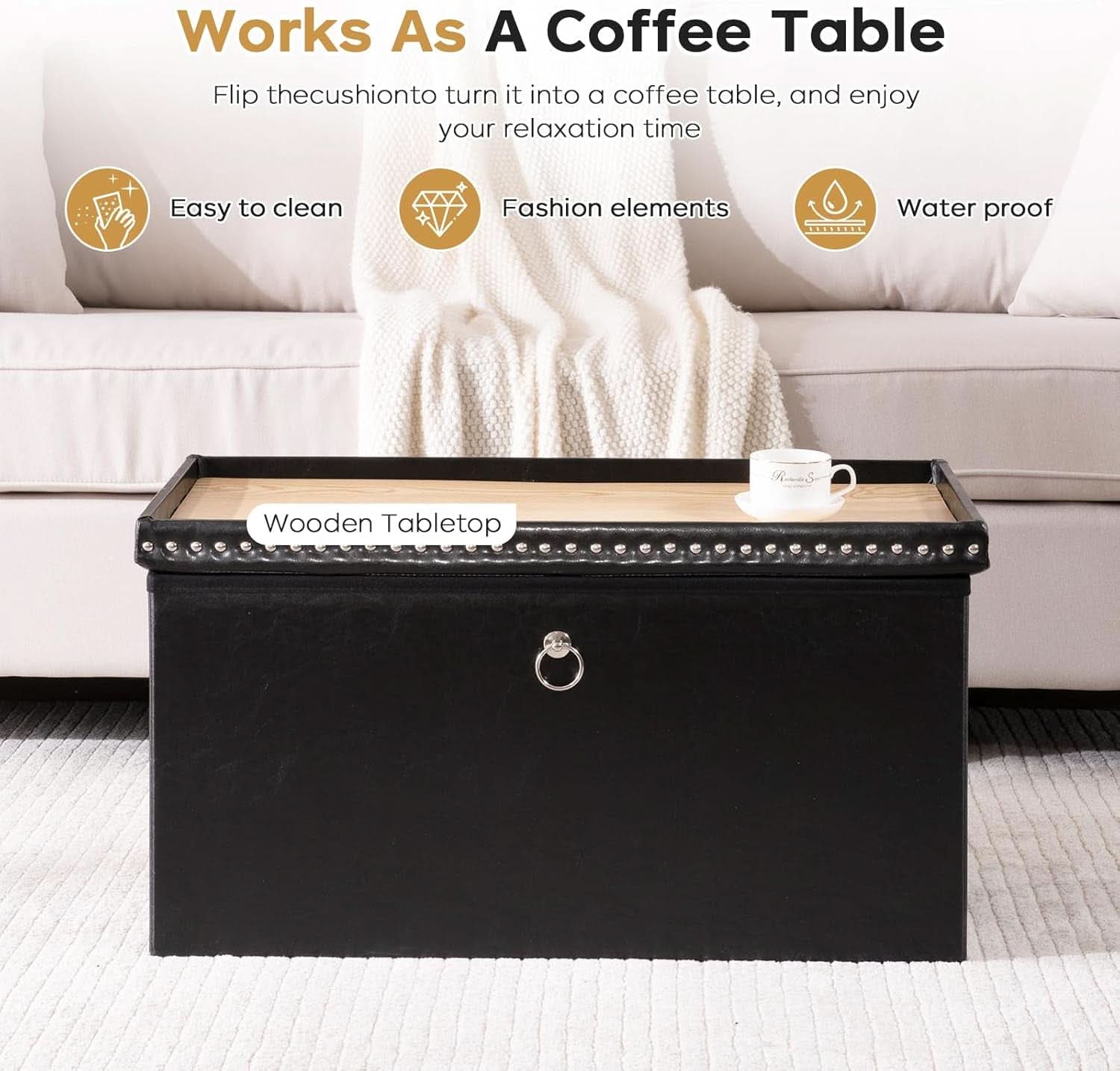 Faux Leather Folding Storage Ottoman 30 Inch Size Black
