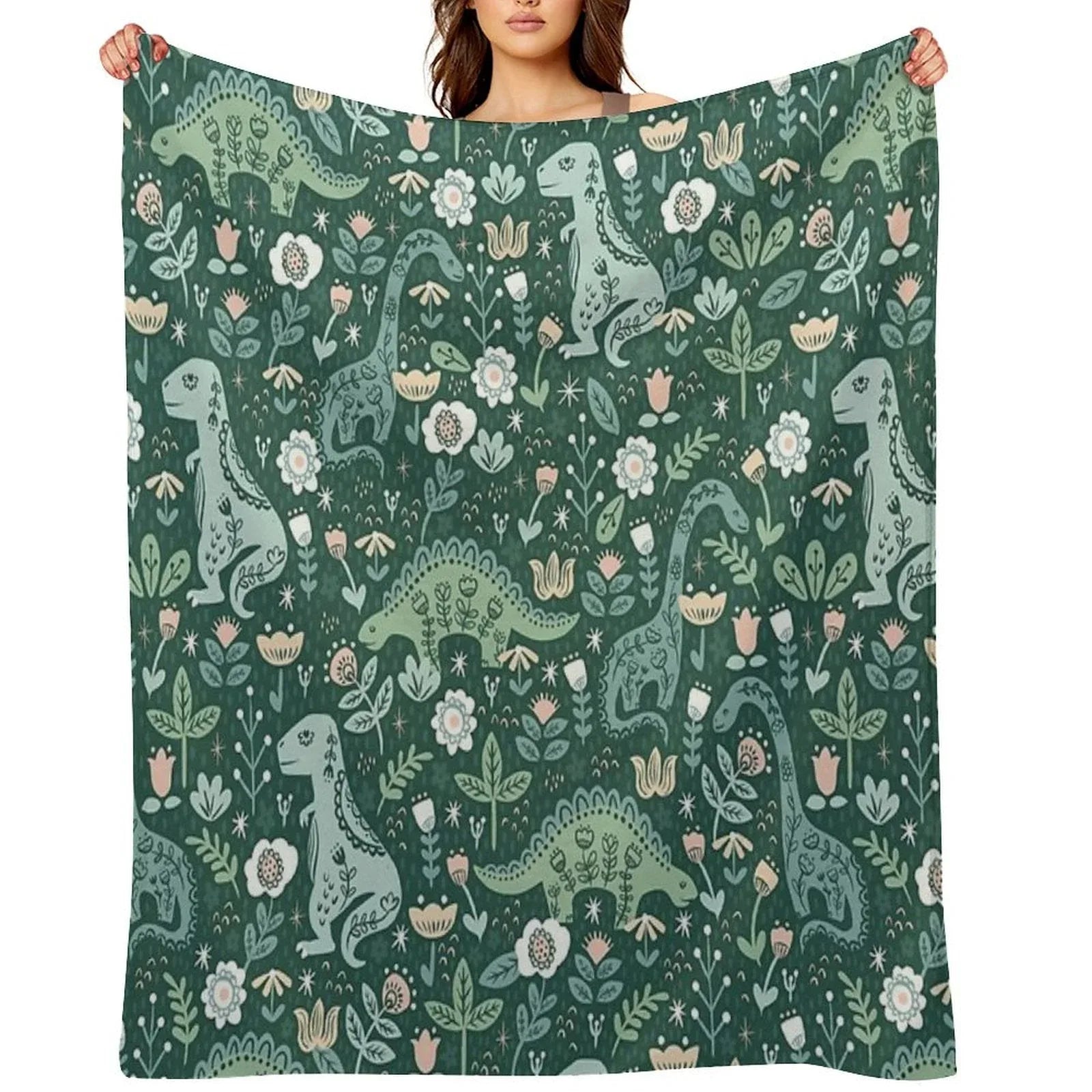 Folk Floral Dinosaur Throw Blanket