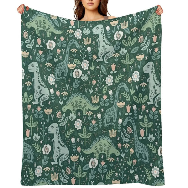 Folk Floral Dinosaur Throw Blanket