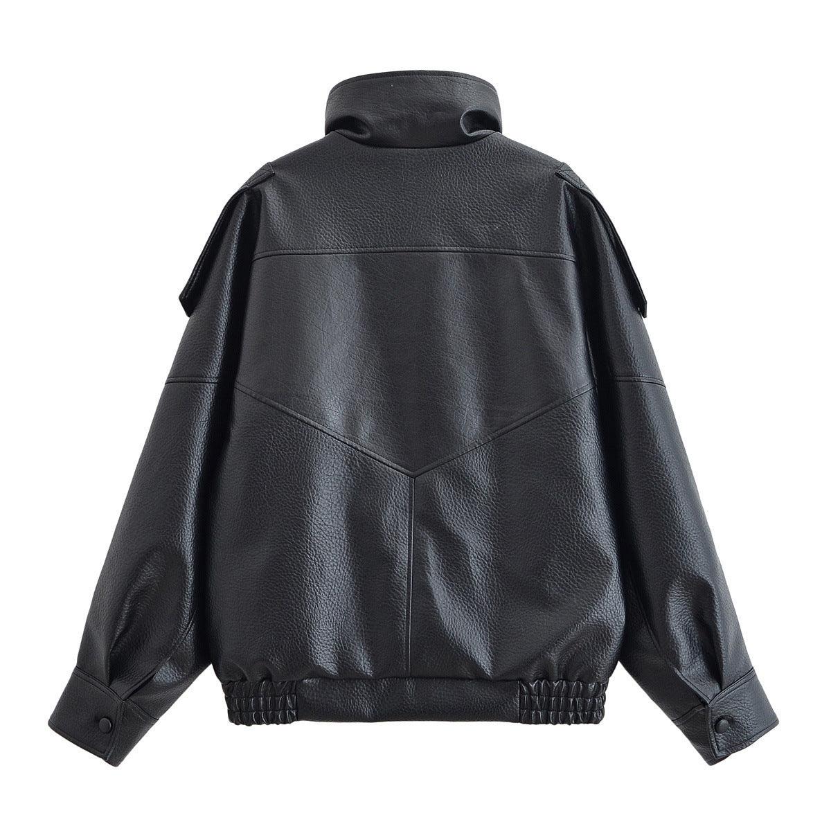 Women's Graceful Stand Collar Wholesale Litchi Leather Jacket