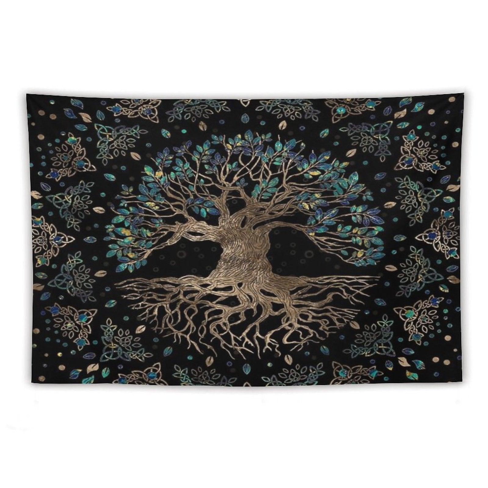 Tree of Life -Yggdrasil Golden And Marble Ornament Tapestry