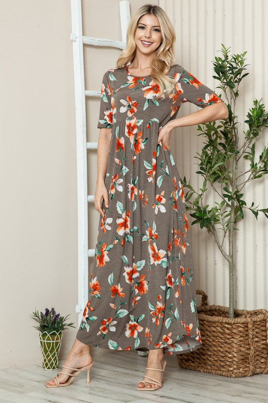 Floral Round Neck Short Sleeve Maxi Tee Dress – Casual and Comfortable Floral Maxi Dress with Relaxed Fit and Short Sleeves