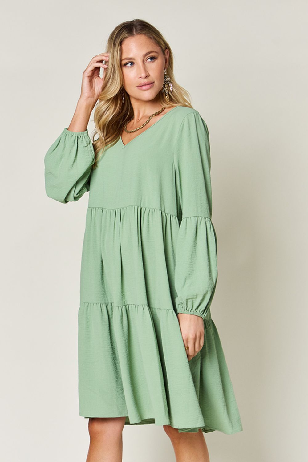 Light Green Double Take Full Size V-Neck Sleeve Tiered Dress with Pockets Elegant & Comfortable Casual Dress