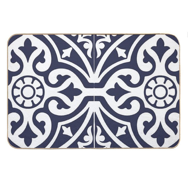 Hamptons Blue And White Moroccan Talavera Tile Bath Mat