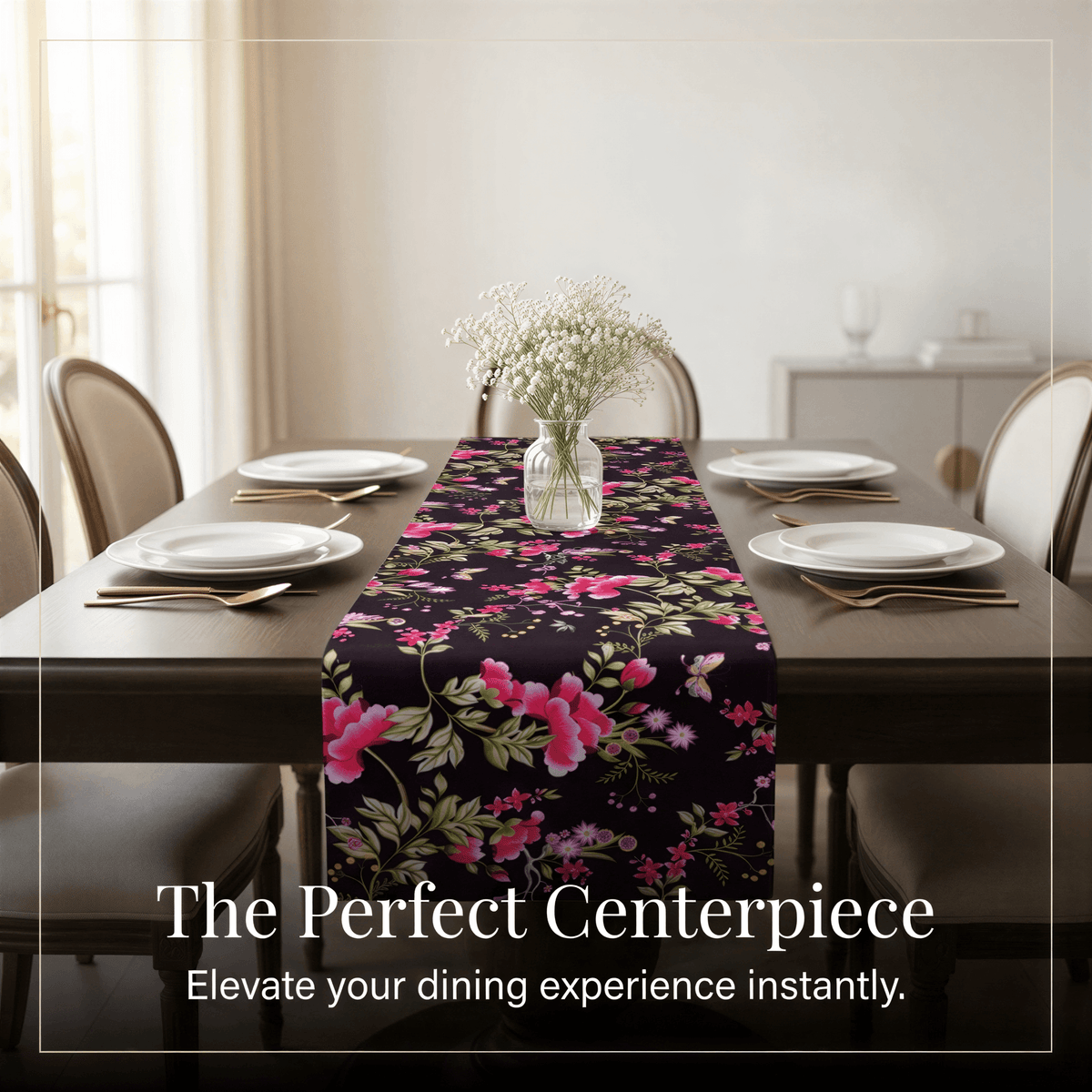 Black Floral Table Runner – Saku Print