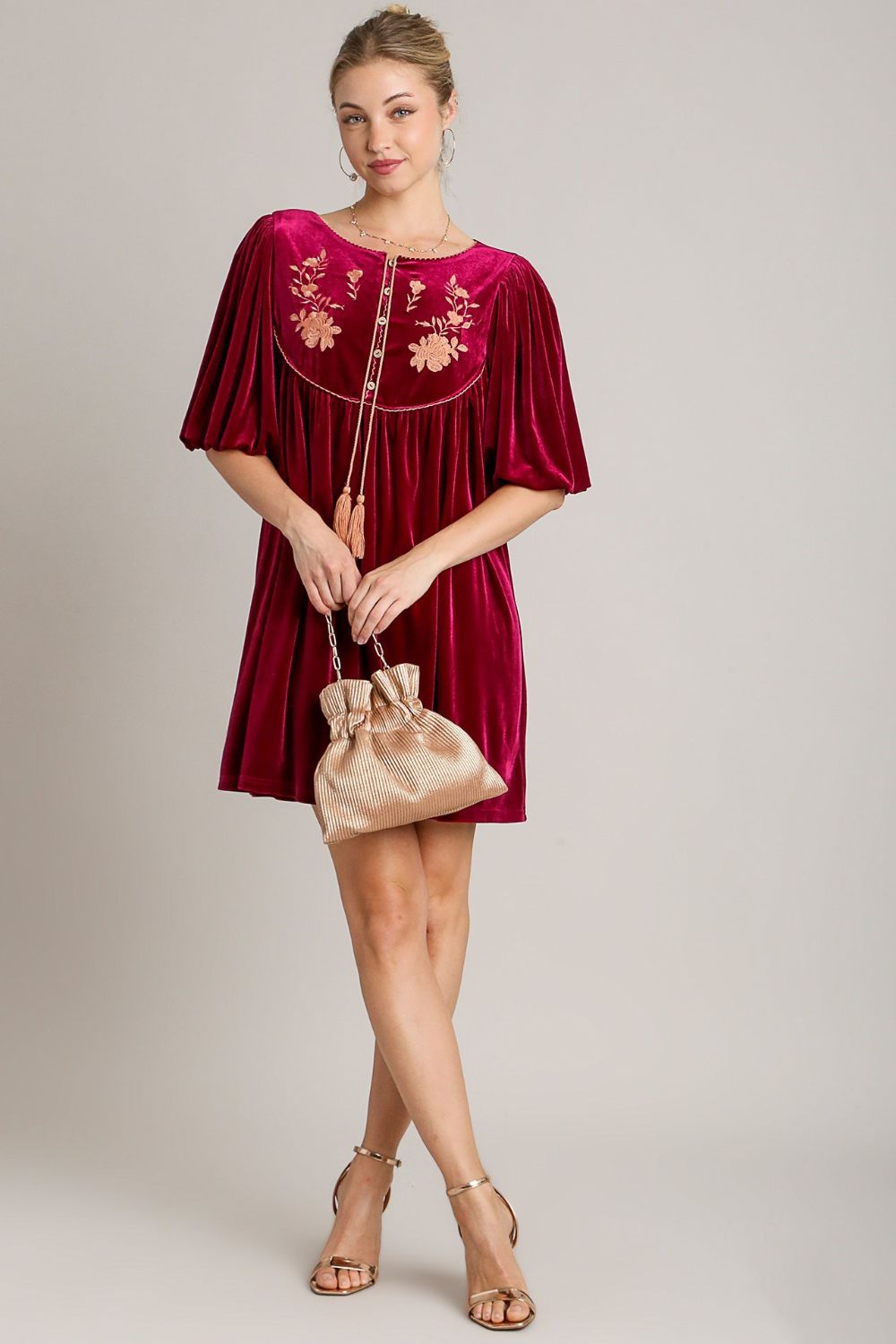 Embroidered Half Sleeve Velvet Mini Dress with Tassel For Women – Luxurious Velvet Dress, Embroidered Tassel Mini Dress, Elegant Party Dress