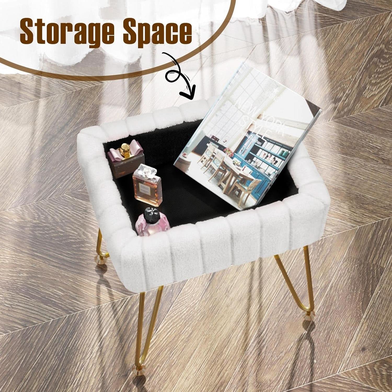 White Faux-Fur Vanity Stool With Premium-Grade Stowable-Storage
