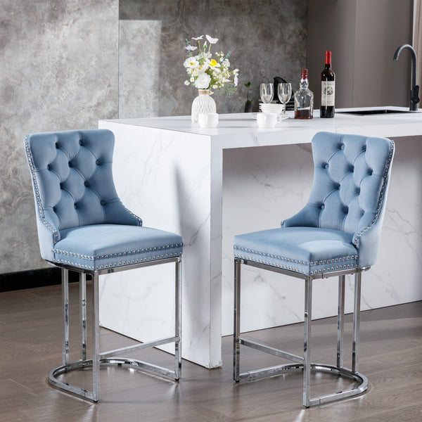 Set of 2 Light Blue Velvet Wing‑Back Bar Stool Set