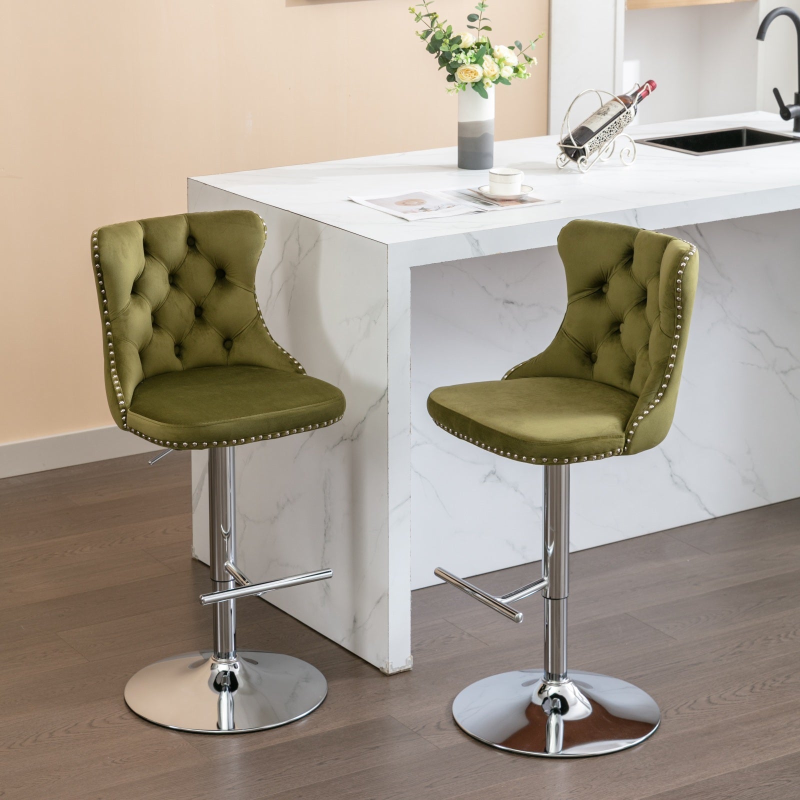 Modern Velvet Swivel Barstools with Adjustable Seat Height and Chrome Base