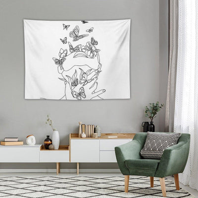 Abstract Face with Butterfly by One Line Drawing. Portrait Minimalistic Style.  Botanical Print. Nature Symbol of Cosmetics. Mod Tapestry