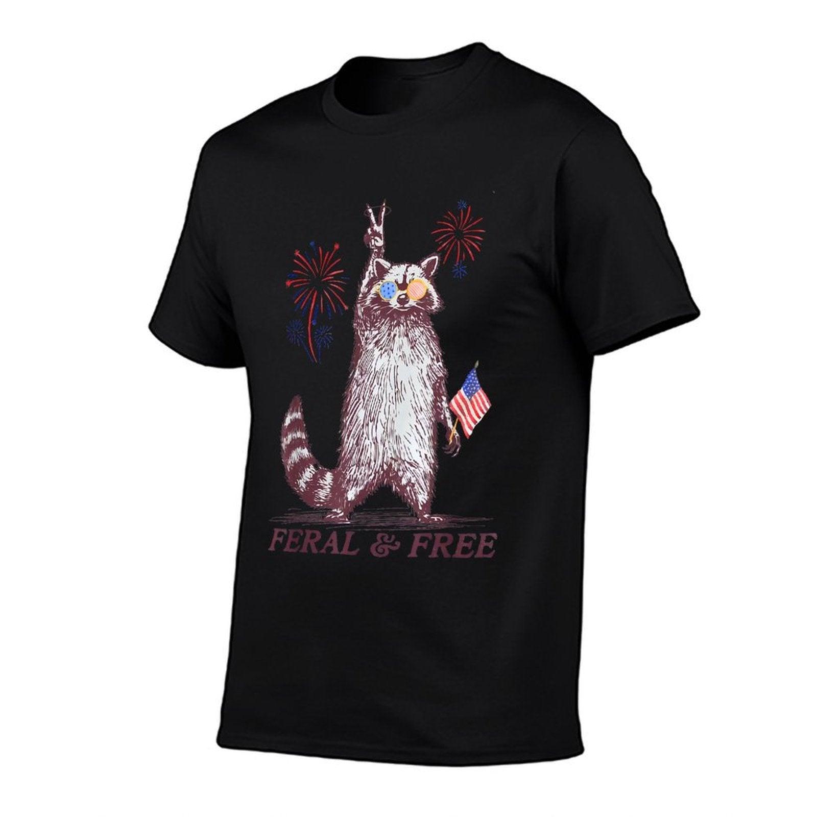 Feral & Free Funny Patriotic Racoon Feral And Free 4th July  Eco-friendly Material T-Shirt