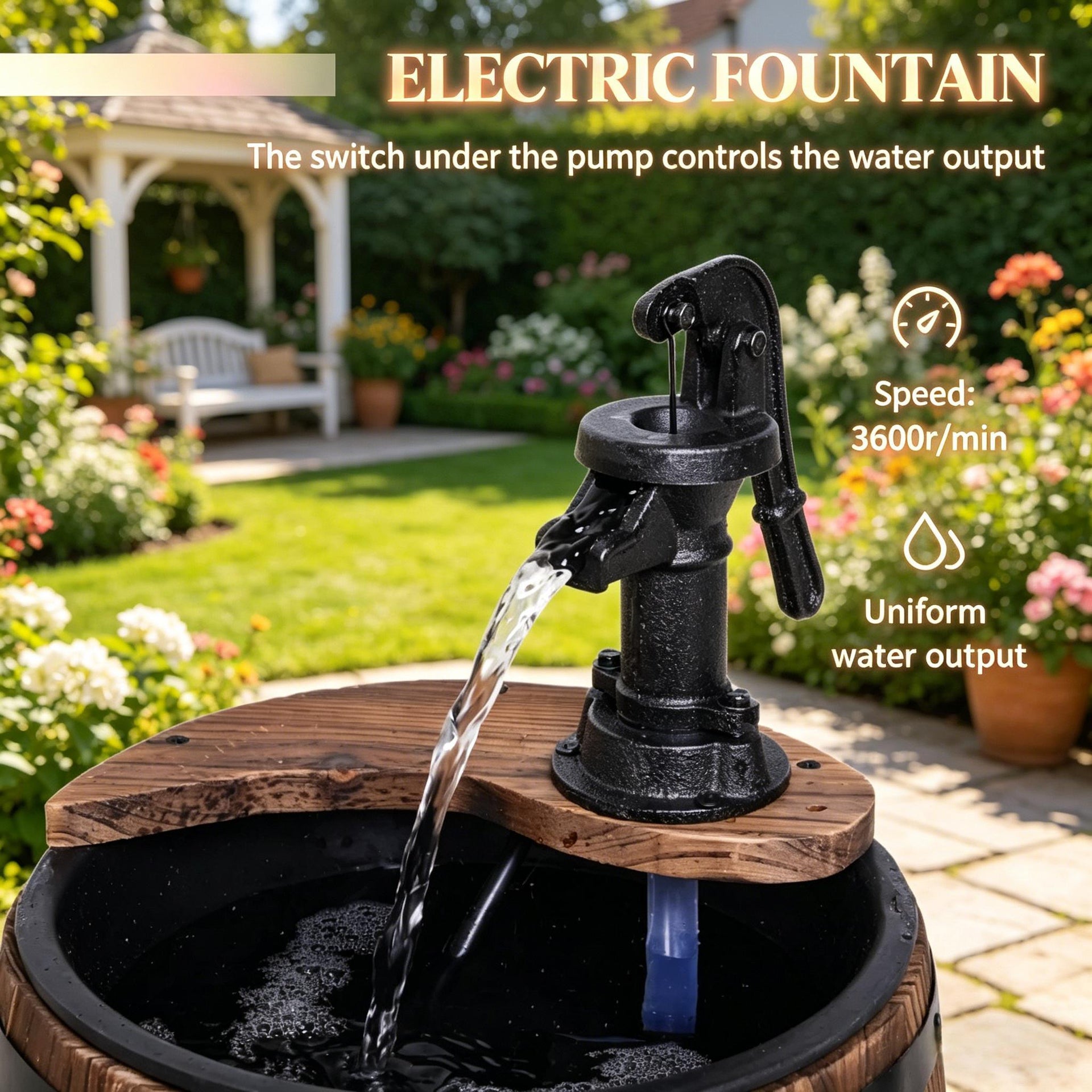 Wood and Iron Barrel Pump Fountain Planter 23 Inch