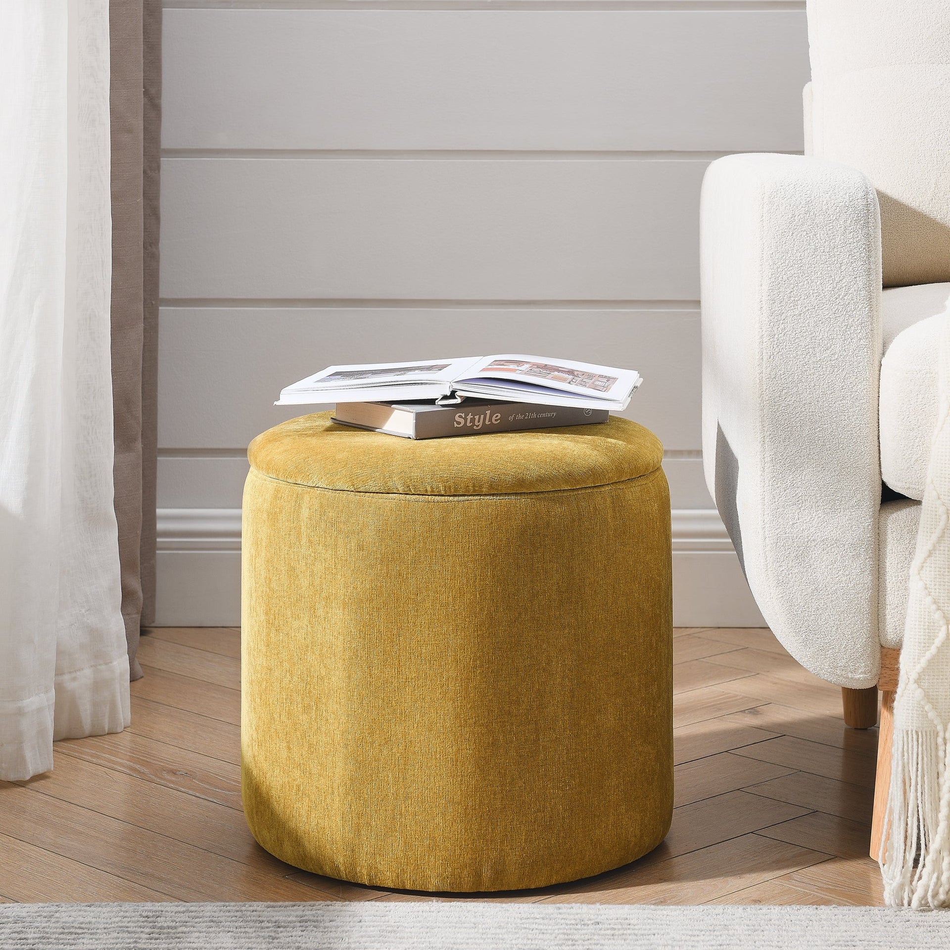 2-Piece Round Chenille Storage Ottoman Set with Drum Stool and MDF Desktop Panel