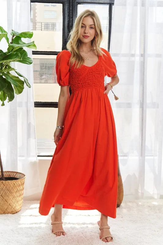 Popcorn Smocked Puff Sleeve Dress For Women – Textured, Elegant, Fluttering, Feminine, Stylish, Trendy For Special Occasions