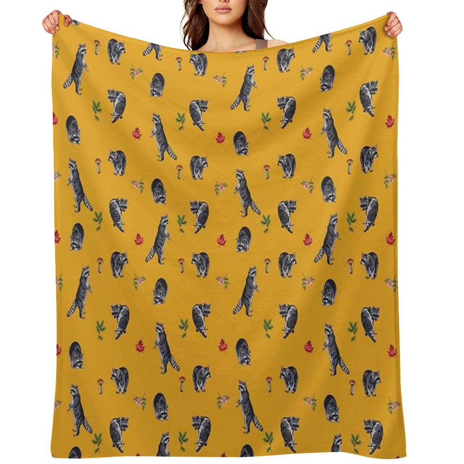 Mustard Raccoon Pattern Throw Blanket