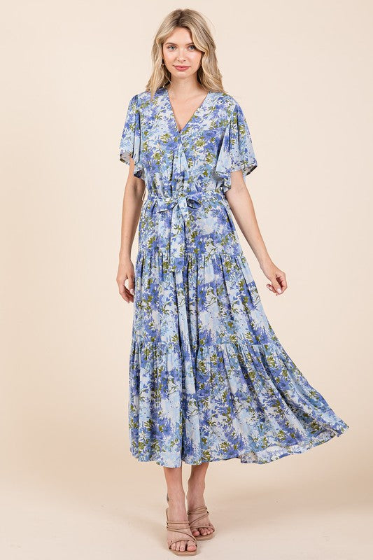 New Summer Floral Tie Waist Flutter Sleeve Tiered Dress For Women – Feminine, Elegant, Cheerful, Bohemian Chic, Flowy & Graceful