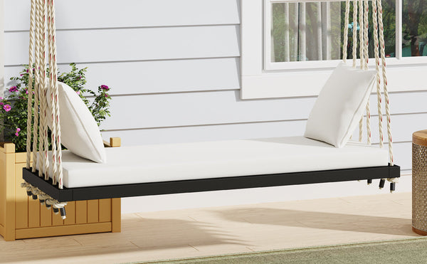 Patio Wooden Swing Chair Hanging Porch Swing Bench with Cushion & Pillows