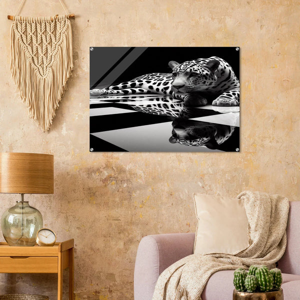Leopard Acrylic Print on Black and White Checkered Floor – Glossy Finish Wall Art
