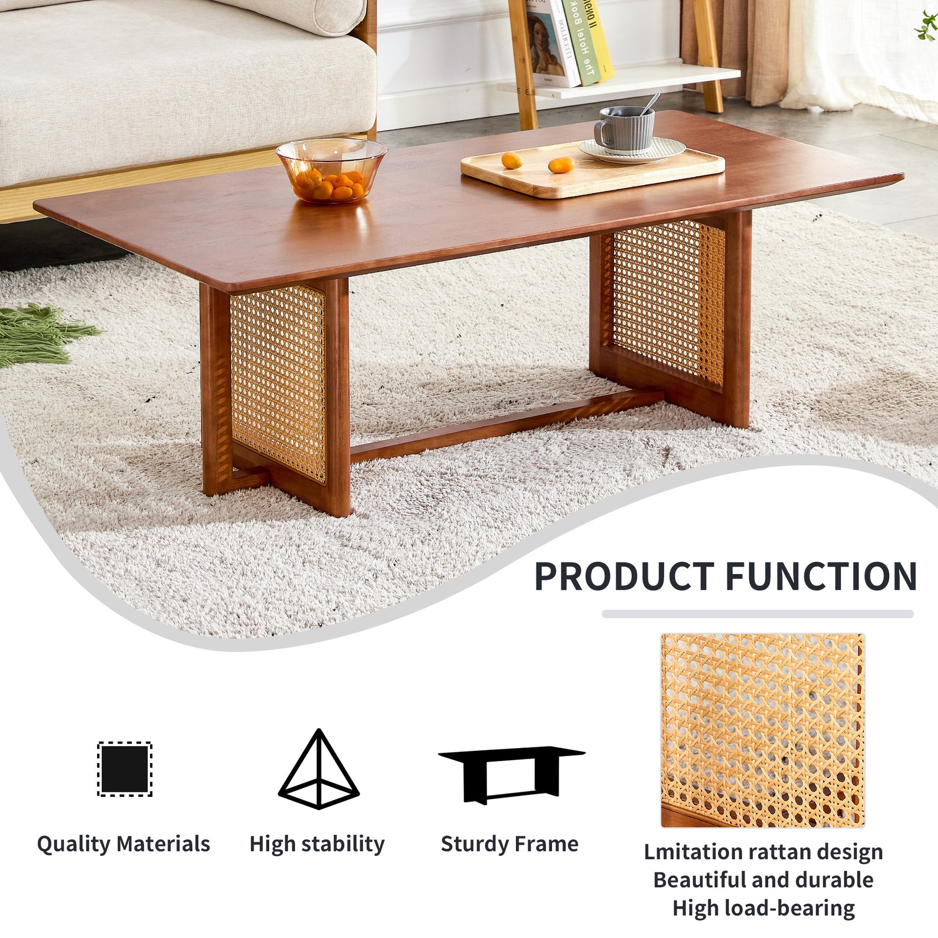 Natural Rubberwood and Solid Wood Coffee Table with Rattan Weave, Modern Minimalist