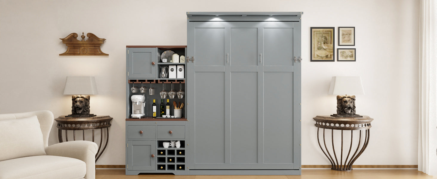 Murphy Bed with Storage Cabinet, Wine Rack, Glass Holder, Drawers & Multi-Color LED Strip