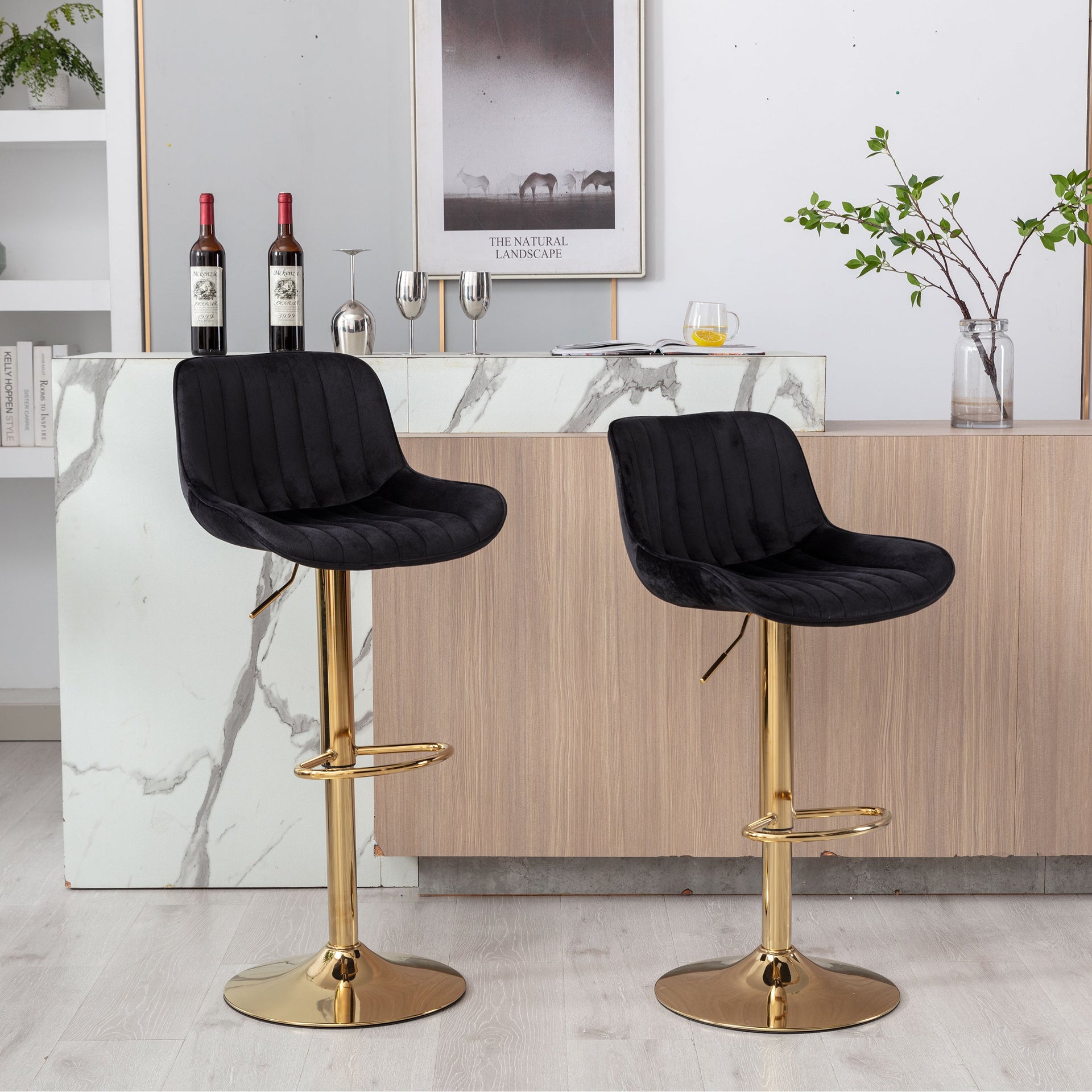 Chrome Footrest & Base Swivel Height-Adjustable Velvet Golden-Leg Bar Stool