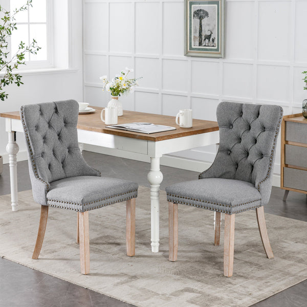 Nikki Collection Modern Tufted Solid Wood Flax Upholstered Dining Chair Nailhead Trim Set