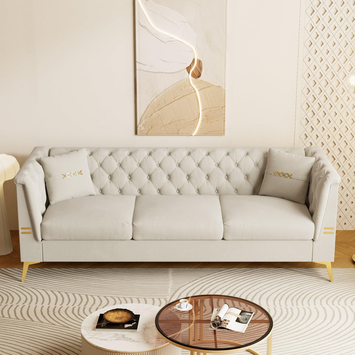 Ivory Velvet 3‑Seat Sofa
