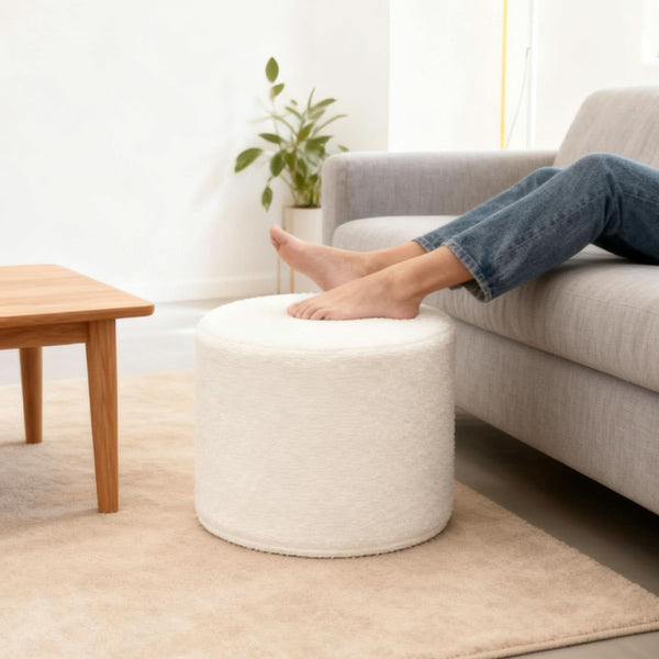 Round Ottoman Foot Rest 17x17x14 White Boucle Fabric