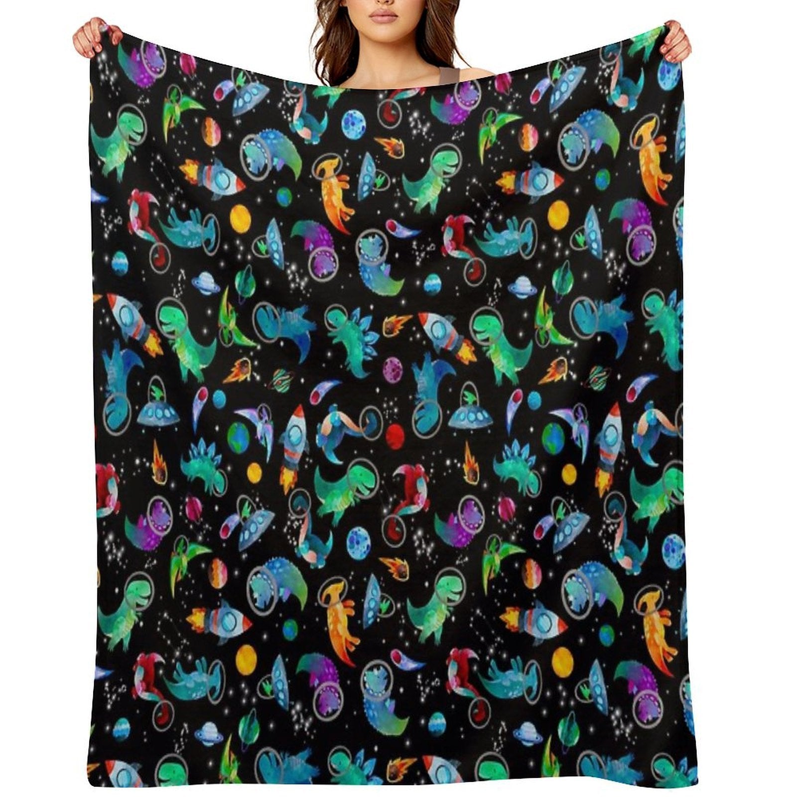 Watercolor Space Dinosaurs Galaxy Pattern Compact Throw Blanket