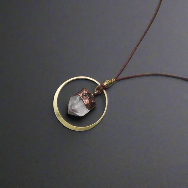 Brass Leather Quartz Point Necklace Grounded | By Blackbird & Sage